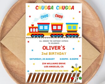 May include: A colourful train invitation with the text "Chugga Chugga" and "Oliver's 2nd Birthday". The invitation includes details for a birthday party, including the date, time, and address. The invitation features a cartoon train with red, yellow, blue, and green carriages.