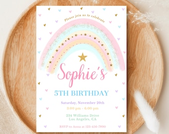 Rainbow Birthday Party Invitation, Colorful Pastel Rainbow Party Invite, Rainbow of Fun, Gold Stars Sprinkle Girl Editable, Rainbow Decor