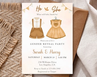 Boho Neutral Gender Reveal Invitation,Editable He or She Gender Reveal Invite,Beige Cream Baby Shower Sprinkle Invite Template,Digital Canva