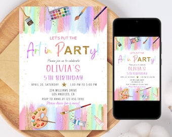 Art Birthday Party Invitation, Editable Arts Party Invite, Girl Painting Party Invitation,Pastel Rainbow WatercolorPaintTheme Invite Digital