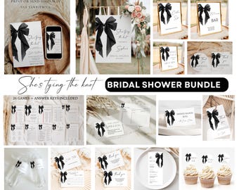 She&#39;s Tying the Knot Bridal Shower Bundle, EDITABLE Black Bow Ribbon Bridal Shower Bundle, Bachelorette Party Games and Decor,Printable