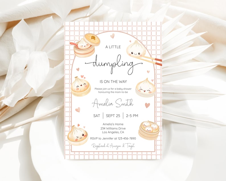 May include: A baby shower invitation with a pink grid background and dumpling illustrations. The text reads "A Little Dumpling Is On The Way" with details for Amelia Smith's baby shower, including the date, time, and location.