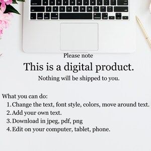 Op de afbeelding: Een laptoptoetsenbord en een witte achtergrond met de tekst "This is a digital product. Nothing will be shipped to you." De tekst geeft ook opties voor het bewerken van het product.