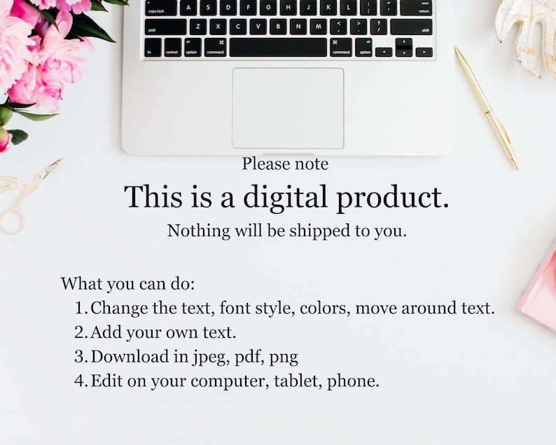 Op de afbeelding: Een laptoptoetsenbord en een witte achtergrond met de tekst "This is a digital product. Nothing will be shipped to you." De tekst geeft ook opties voor het bewerken van het product.
