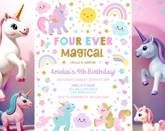 Unicorn 4th Birthday Invitation: Editable Pastel Rainbow Design,Four ever Magical Unicorn Birthday Invite,Girl 4th Birthday,Instant Download
