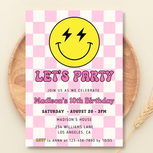 Smiley Face invite, Smiley Face Birthday Invitation, Pink Retro Checkerboard Theme, Preppy Smile Face, Modern Happy Invite, Invite for Girl image 1