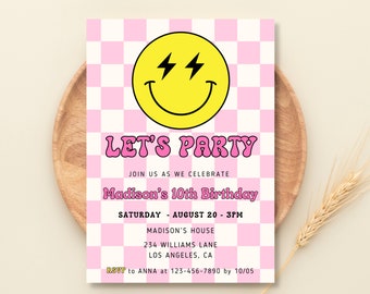 Smiley Face invite, Smiley Face Birthday Invitation, Pink Retro Checkerboard Theme, Preppy Smile Face, Modern Happy Invite, Invite for Girl