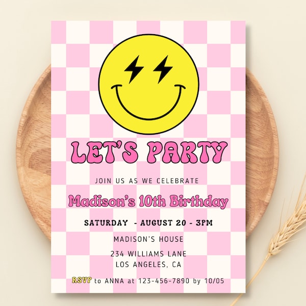 Smiley Face invite, Smiley Face Birthday Invitation, Pink Retro Checkerboard Theme, Preppy Smile Face, Modern Happy Invite, Invite for Girl