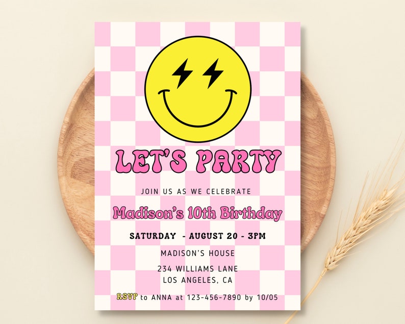 Smiley Face invite, Smiley Face Birthday Invitation, Pink Retro Checkerboard Theme, Preppy Smile Face, Modern Happy Invite, Invite for Girl image 1