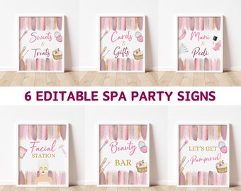 May include: Six printable signs for a spa party. The signs have a pink and gold watercolor background with images of spa items. The signs say "Sweets & Treats", "Cards & Gifts", "Mani & Pedi", "Facial Station", "Beauty Bar", and "Let's Get Pampered!"