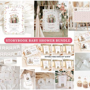 Storybook Baby Shower Bundle, EDITABLE A New Chapter Begins Baby Shower Invitation Bundle,Wildflowers Book Themed BabyShower Bundle Template
