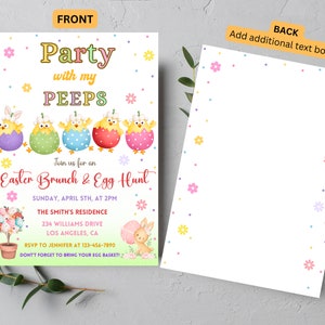 May include: Easter-themed invitation with the text "Party with my PEEPS" and "Easter Brunch & Egg Hunt." The front features colorful chicks in decorated eggs and floral accents. The back is a blank white page with a floral border.