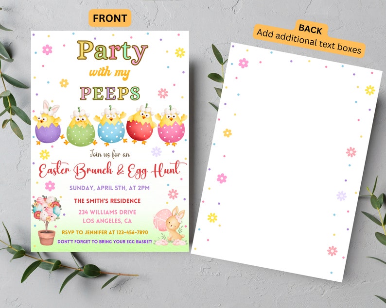 May include: Easter-themed invitation with the text "Party with my PEEPS" and "Easter Brunch & Egg Hunt." The front features colorful chicks in decorated eggs and floral accents. The back is a blank white page with a floral border.