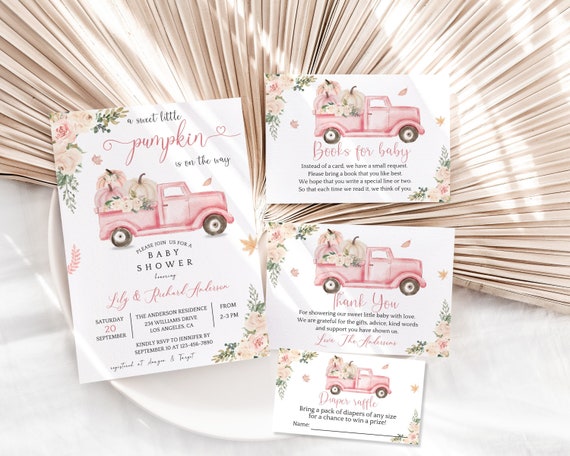 A Little Pumpkin is on the way Baby Shower Invitation Set,Pink Truck Fall Shower Invite Girl Autumn Boho Rustic Editable Printable Download