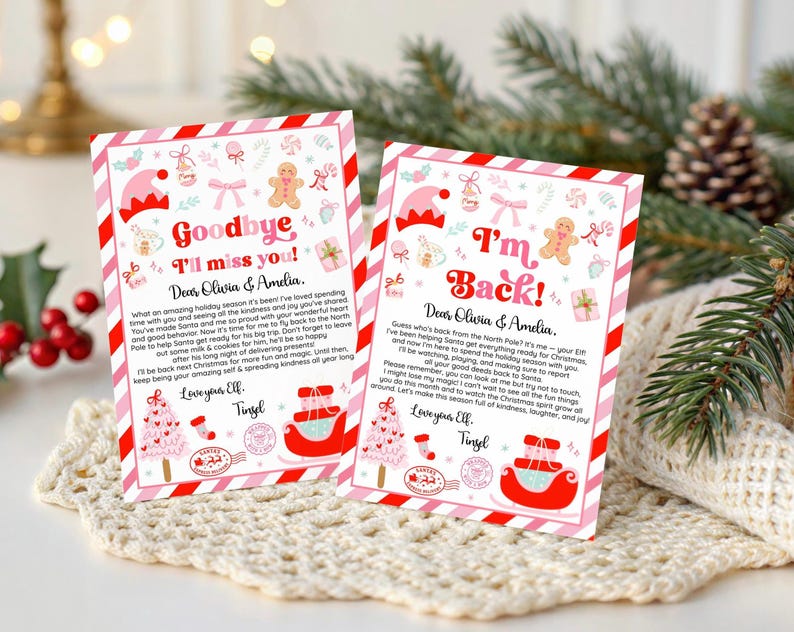 GIRL Pink Elf arrival letter and elf goodbye letter Set: Christmas activity for kids Printable Instant Download Canva Template image 1