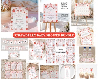 Berry Sweet Baby Shower Bundle,Coquette StrawBerry Baby Shower Bundle,EDITABLE Berry Sweet Invite,Pink bow berries Girl Shower Blush Pink