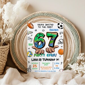 May include: A birthday party invitation with a graffiti-style design. The number "67" is prominently displayed in green and blue, with the text "Party Ever!" below. The invitation includes details for the party, such as the date, time, and location.