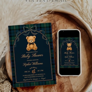 May include: A baby shower invitation and a smartphone displaying the same design. The invitation features a teddy bear illustration, text that reads "Baby Shower" and "Sophie Williams", and a plaid border. The phone shows the same design.