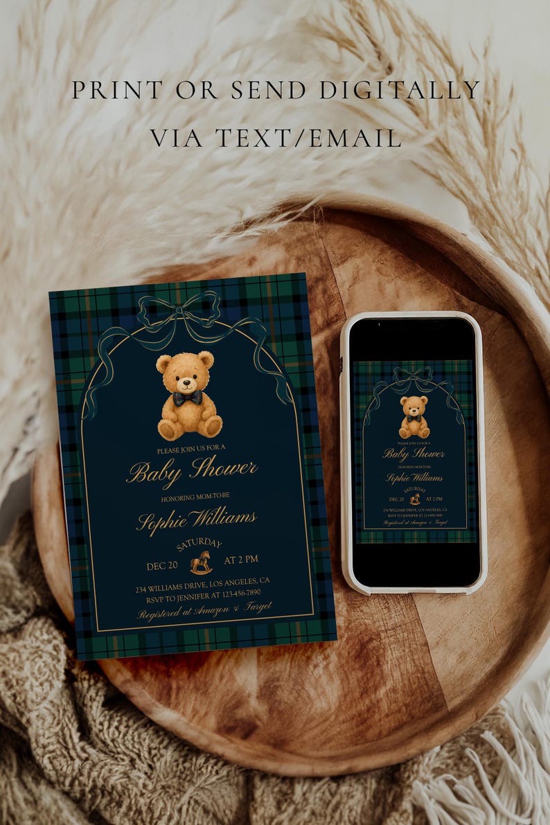 May include: A baby shower invitation and a smartphone displaying the same design. The invitation features a teddy bear illustration, text that reads "Baby Shower" and "Sophie Williams", and a plaid border. The phone shows the same design.