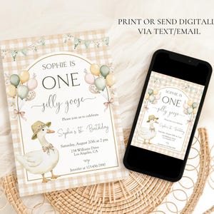 May include: A digital invitation for a first birthday party with a cute goose illustration. The invitation is decorated with a gingham pattern and balloons. The text reads "Sophie is One silly goose".