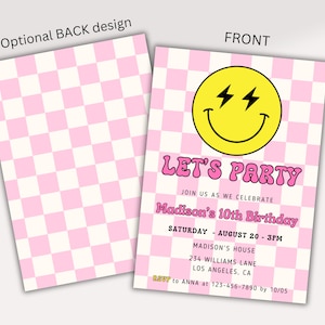 Smiley Face invite, Smiley Face Birthday Invitation, Pink Retro Checkerboard Theme, Preppy Smile Face, Modern Happy Invite, Invite for Girl image 4