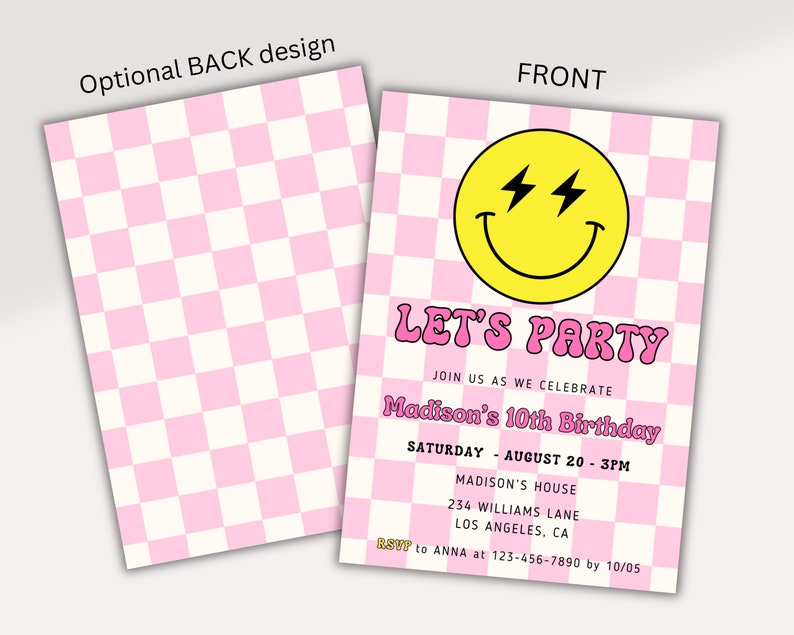 Smiley Face invite, Smiley Face Birthday Invitation, Pink Retro Checkerboard Theme, Preppy Smile Face, Modern Happy Invite, Invite for Girl image 4