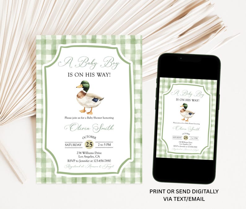 May include: A baby shower invitation with a green gingham border and a watercolor duck illustration. The text reads "A Baby Boy Is On His Way!" and includes event details. A smartphone displays the same design.