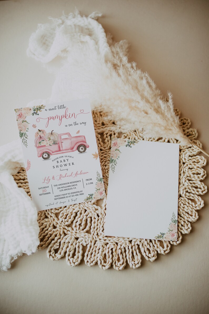 May include: A pink baby shower invitation with a watercolor illustration of a pink truck carrying pumpkins and flowers. The text reads "a sweet little pumpkin is on the way" and includes the details for the baby shower, including the date, time, location, and RSVP information.