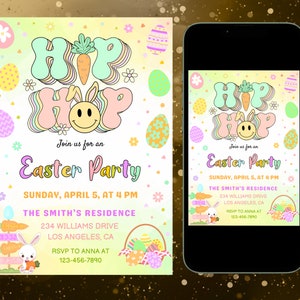 Peut inclure: Une invitation color&eacute;e pour une f&ecirc;te de P&acirc;ques avec les mots "Hip Hop" dans une police r&eacute;tro. L'invitation comprend un lapin, des carottes et des &oelig;ufs de P&acirc;ques. Le texte sur l'invitation indique "Rejoignez-nous pour une f&ecirc;te de P&acirc;ques, dimanche 5 avril &agrave; 16h00, La r&eacute;sidence des Smith, 234 Williams Drive, Los Angeles, CA, RSVP &agrave; Anna au 123-456-7890."