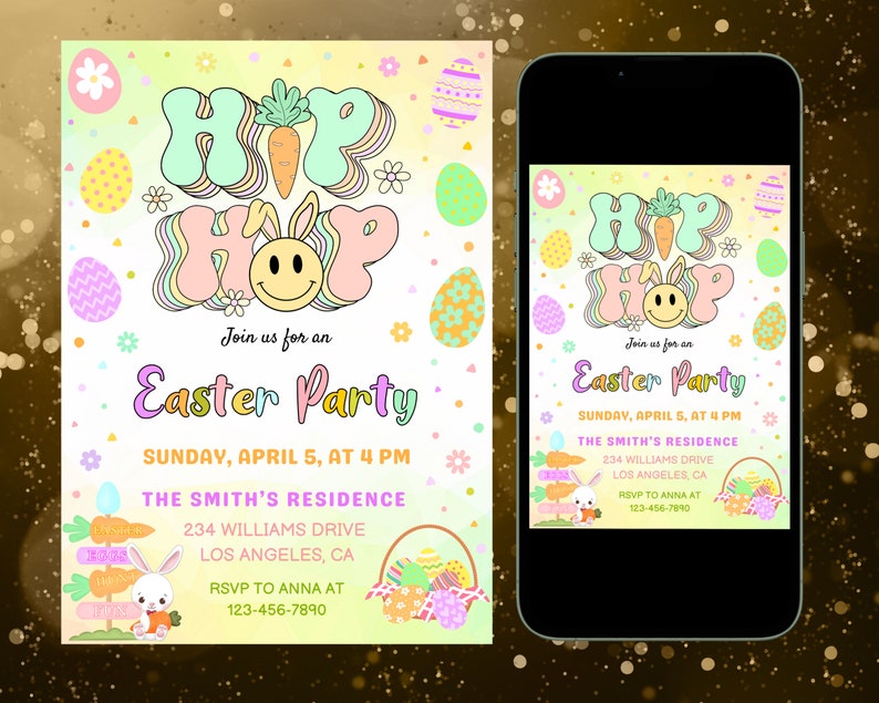 Peut inclure: Une invitation color&eacute;e pour une f&ecirc;te de P&acirc;ques avec les mots "Hip Hop" dans une police r&eacute;tro. L'invitation comprend un lapin, des carottes et des &oelig;ufs de P&acirc;ques. Le texte sur l'invitation indique "Rejoignez-nous pour une f&ecirc;te de P&acirc;ques, dimanche 5 avril &agrave; 16h00, La r&eacute;sidence des Smith, 234 Williams Drive, Los Angeles, CA, RSVP &agrave; Anna au 123-456-7890."