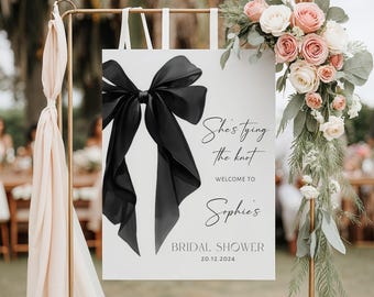 She's Tying the Knot Bridal Shower Welcome Sign Template, EDITABLE Black Bow Ribbon Bridal Shower Welcome Sign,Bachelorette Party,Printable