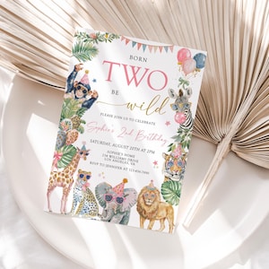 May include: A watercolor invitation for a second birthday party. The invitation features the text "Born Two Be Wild" with illustrations of jungle animals wearing party hats and sunglasses. The invitation includes the party details.