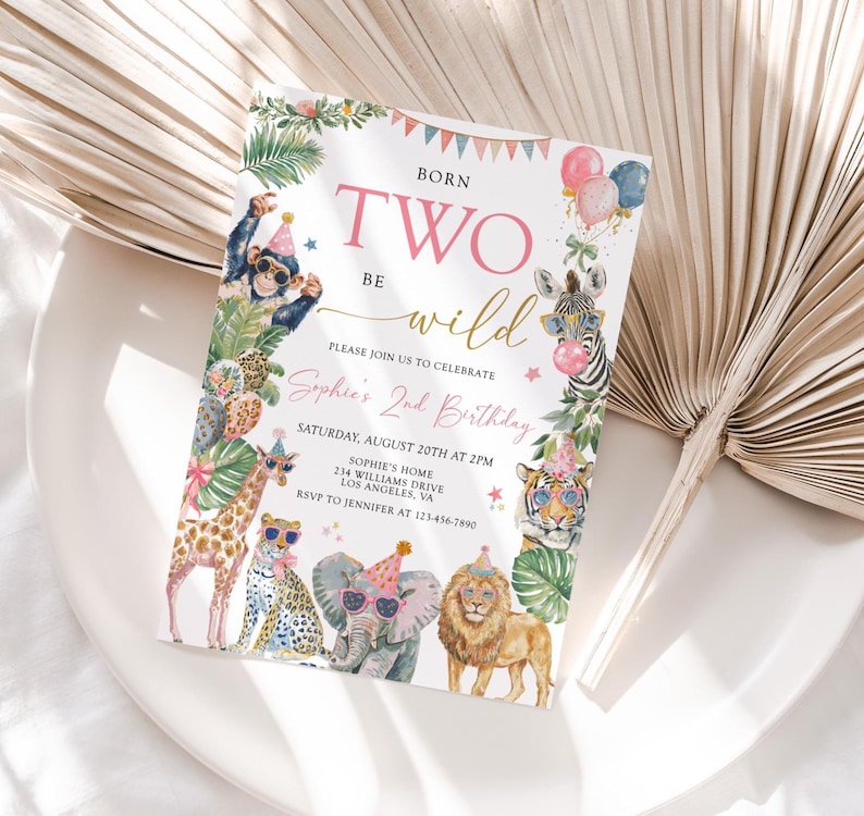 May include: A watercolor invitation for a second birthday party. The invitation features the text "Born Two Be Wild" with illustrations of jungle animals wearing party hats and sunglasses. The invitation includes the party details.