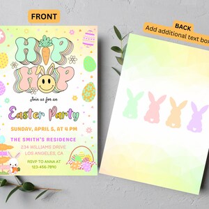 Peut inclure: Une invitation color&eacute;e &agrave; une f&ecirc;te de P&acirc;ques avec un lapin de dessin anim&eacute; et les mots "Hip Hop" dans une police r&eacute;tro. L'invitation comprend la date, l'heure et le lieu de la f&ecirc;te.
