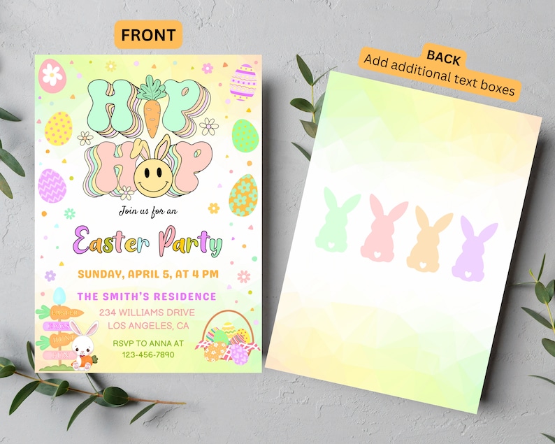 Peut inclure: Une invitation color&eacute;e &agrave; une f&ecirc;te de P&acirc;ques avec un lapin de dessin anim&eacute; et les mots "Hip Hop" dans une police r&eacute;tro. L'invitation comprend la date, l'heure et le lieu de la f&ecirc;te.