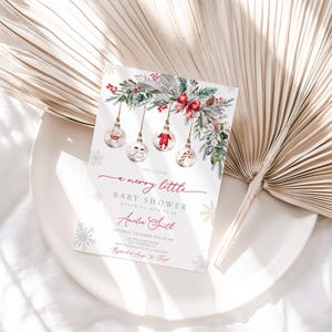 May include: A Christmas-themed baby shower invitation. The card features festive illustrations of baubles, greenery, and snowflakes. The text reads "a merry little baby shower". The invitation is on a white plate.