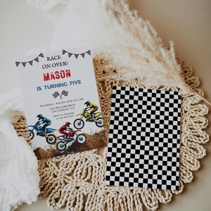 May include: A birthday party invitation with a checkered flag design. The invitation says "Race on over! Mason is turning five." The invitation also includes details about the party, including the date, time, location, and RSVP information.