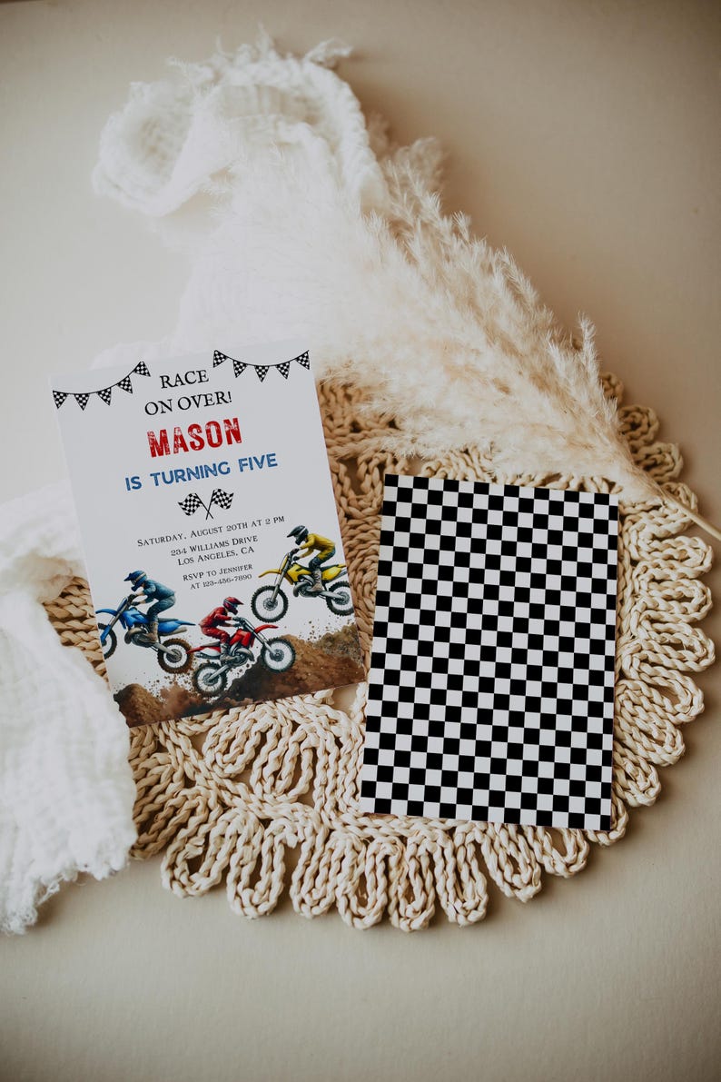 May include: A birthday party invitation with a checkered flag design. The invitation says "Race on over! Mason is turning five." The invitation also includes details about the party, including the date, time, location, and RSVP information.