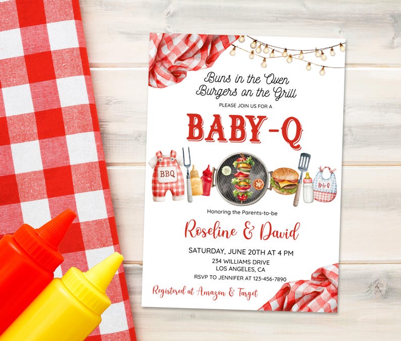 K&ouml;nnte beinhalten: Eine Babyparty-Einladung mit BBQ-Thema. Die Einladung zeigt den Text "BABY-Q" in Rot, zusammen mit Illustrationen von Burgern, einem Grill und Babyartikeln. Die Einladung enth&auml;lt auch die Namen Roseline & David, Datum, Uhrzeit und Ort.
