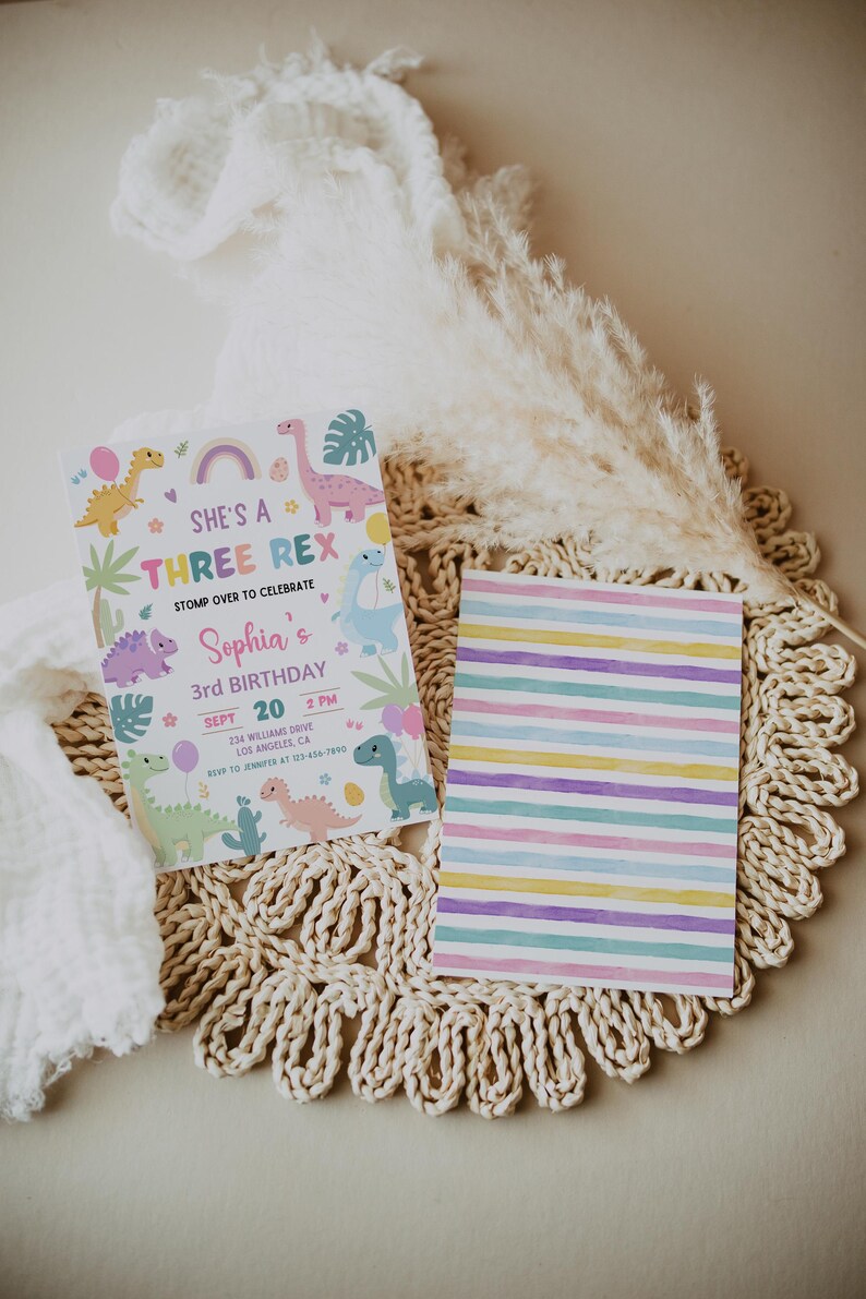 May include: A colourful dinosaur-themed birthday invitation with a rainbow, a dinosaur, and the text "She's a Three Rex" and "Sophia's 3rd Birthday".