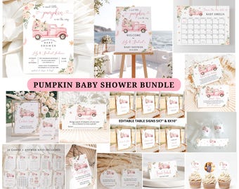 May include: A printable pumpkin baby shower bundle with a pink and white color scheme. The bundle includes a welcome sign, table signs, games, a calendar, and cupcake toppers. The design features a pink truck with pumpkins and floral accents.