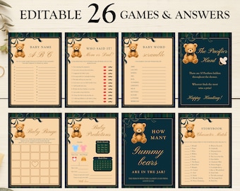 Polo Teddy Bear Baby Shower Games and Answers Template,Classic Vintage Polo Teddy Activities,Gender Neutral Plaid Tartan