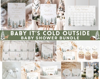 May include: A collection of winter-themed baby shower stationery. Includes invitations, a welcome sign, a due date calendar, games, a custom sign, diaper raffle cards, cupcake toppers, thank you cards, and more. The text reads "Baby It's Cold Outside".