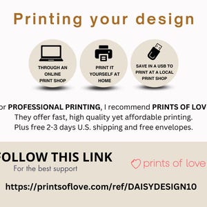 May include: An informational graphic with the text "Printing your design" at the top. It features three circular icons: a laptop, a printer, and a USB drive, each with text describing printing options. The graphic recommends Prints of Love for professional printing.