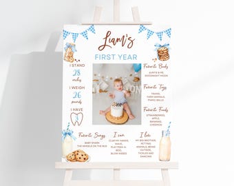 Milk and Cookies 1st Birthday Milestone Sign: Photo Poster, EDITABLE Milk and Cookies 1st Birthday milestone Sign, One Sweet Cookie Sign