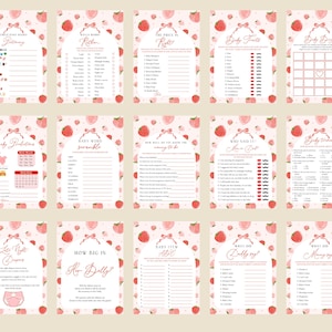 May include: A set of 12 printable baby shower game cards with a pink and white strawberry pattern. The games include "Baby Word Scramble", "How Well Do You Know the Mommy-to-Be", "Who Said It", "Baby Trivia", "Baby Item Bingo", "How Big Is Her Belly", "What Did Daddy Say", "What Did Mommy Say", "Baby Predictions", "Baby Food Bingo", "Price is Right", and "Baby Fruits".