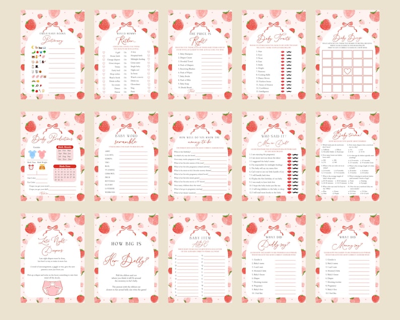 May include: A set of 12 printable baby shower game cards with a pink and white strawberry pattern. The games include "Baby Word Scramble", "How Well Do You Know the Mommy-to-Be", "Who Said It", "Baby Trivia", "Baby Item Bingo", "How Big Is Her Belly", "What Did Daddy Say", "What Did Mommy Say", "Baby Predictions", "Baby Food Bingo", "Price is Right", and "Baby Fruits".