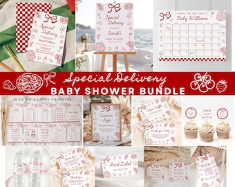 Special Delivery Baby Shower Bundle,Hand Drawn Italian Pizza Baby Shower Invitation & Games,Slice Slice Baby Shower Invite,EDITABLE Template