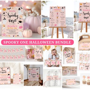 Gruseliges Geburtstags-Bundle, EDITIERBARE Halloween Rosa Gruseliger Geburtstag Einladen, Mädchen Halloween 1. Geburtstag, Gruseliges Halloween, Süßer Geist