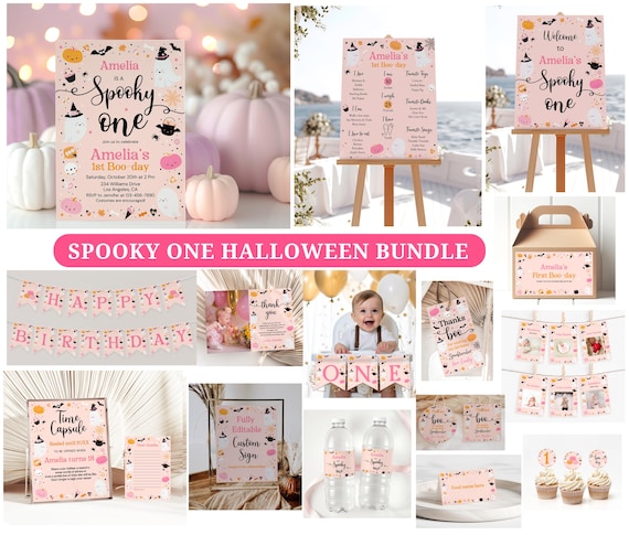 Halloween 1st Birthday Invitation Bundle Pink,Pink Halloween Spooky One Invite Girl,Spooky One Birthday Bundle,Halloween 1st Birtthday Decor